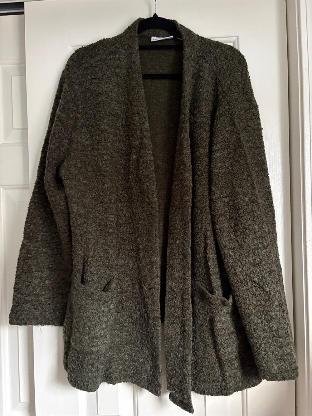 Susan Graver Olive Bouclé Open-Front Cardigan